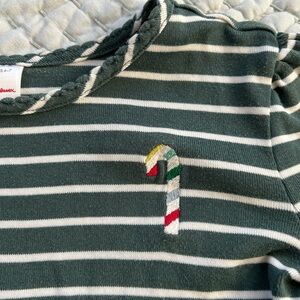 Striped Green and White Long Sleeve Tee with Candy Cane Embroidery